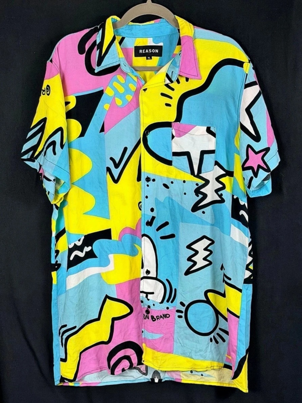 Reason Abstract Print Button Down Shirt Blue & Pink XL Like New Pop Art Graphic